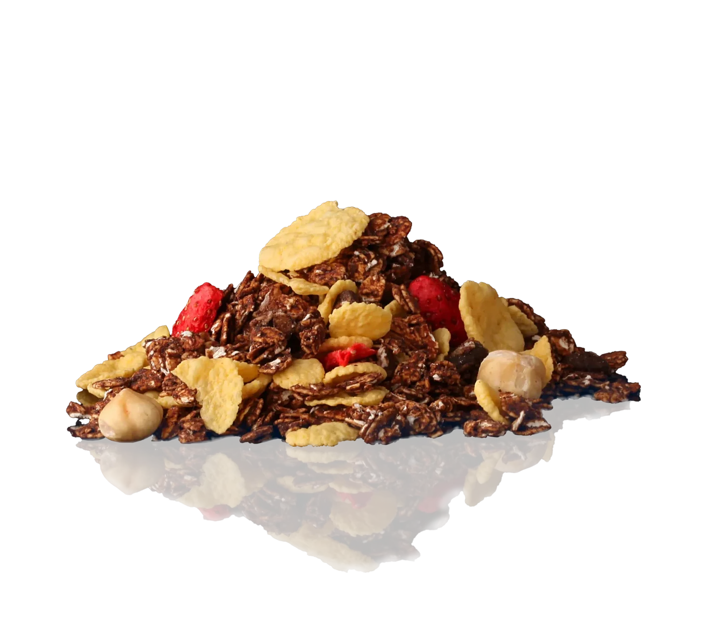 Knuspermüsli mit Schokoflakes, Getreideflocken, Nüssen und Fruchtstücken.