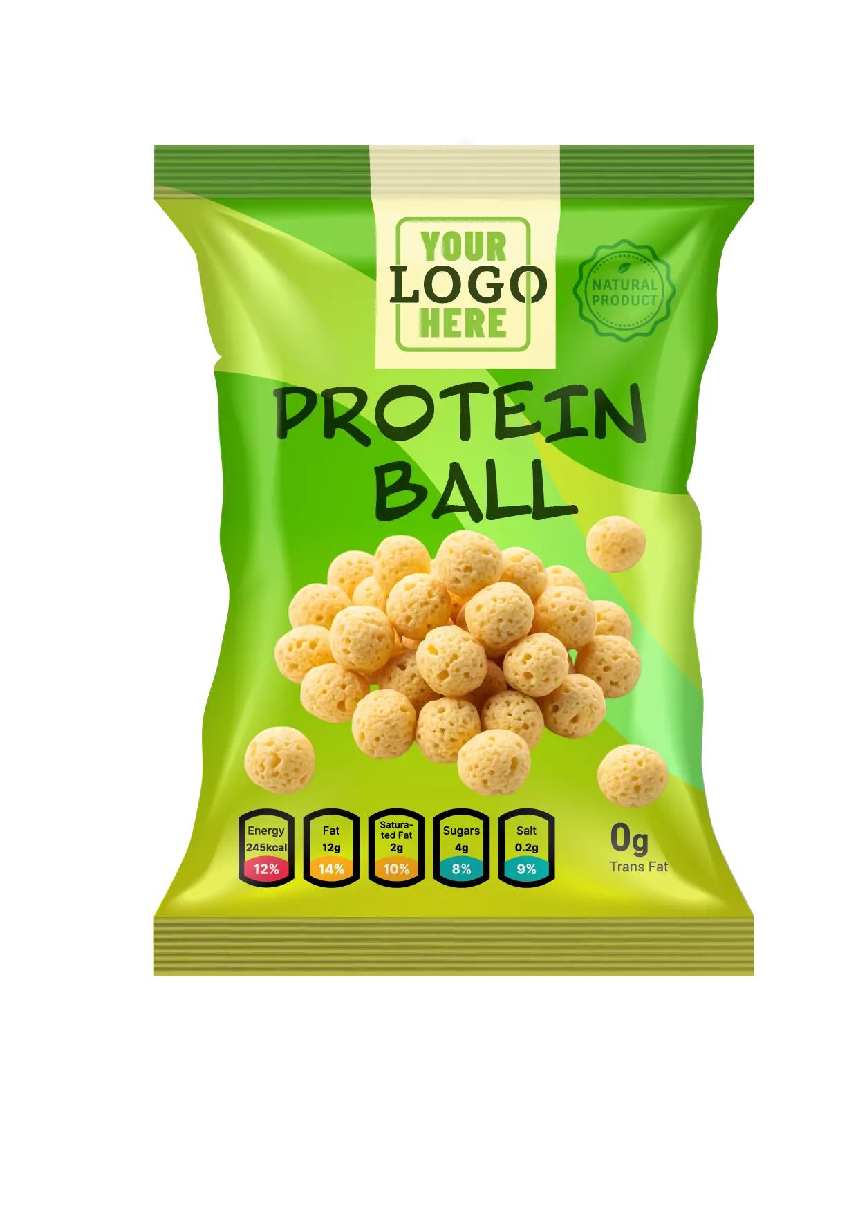 Produktbeispiel in Verpackung mit Proteinbällchen.