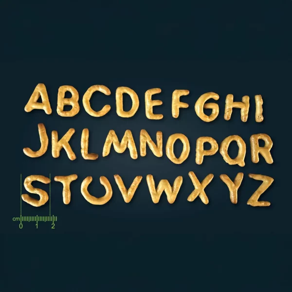 Alphabet aus einzeln geformten Laugensnacks in Buchstabenform A bis Z.