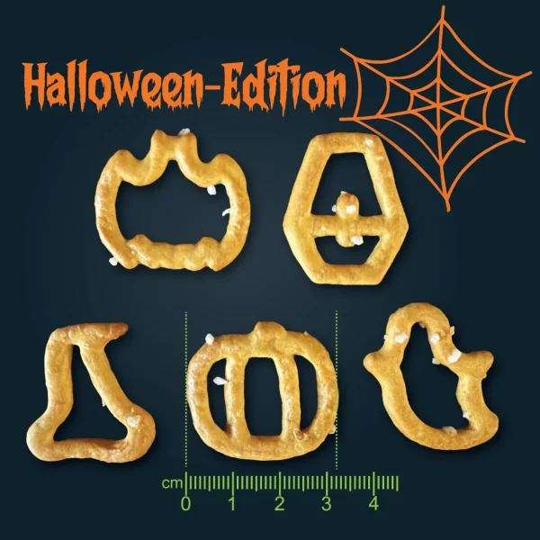 Halloween-Laugensnacks in Kürbis-, Gespenst- und Symbolform mit Maßskala als saisonale Produktidee.