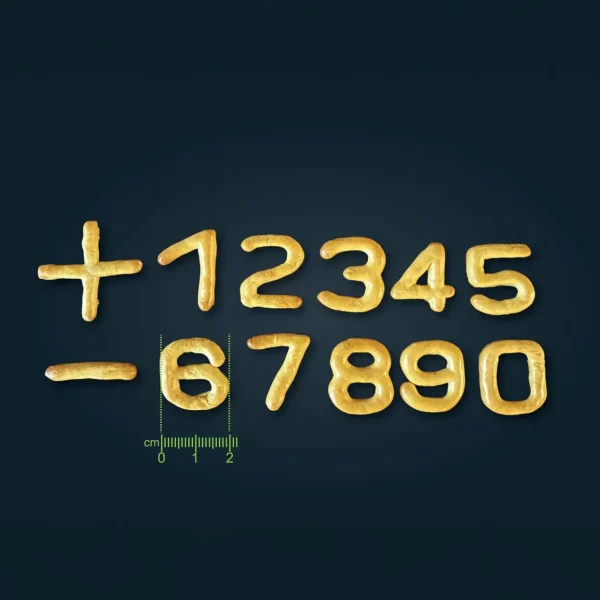 Laugensnacks in Zahlen- und Rechenzeichenform mit Maßskala.