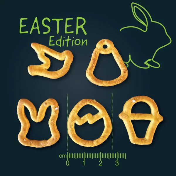 Osterlich geformte Laugensnacks in Hasen-, Ei- und Symbolform mit Maßskala als saisonale Produktvielfalt