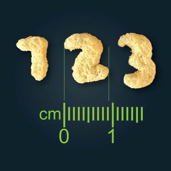 Zahlenförmige extrudierte Knabbersnacks als Lern- und Snackprodukt.